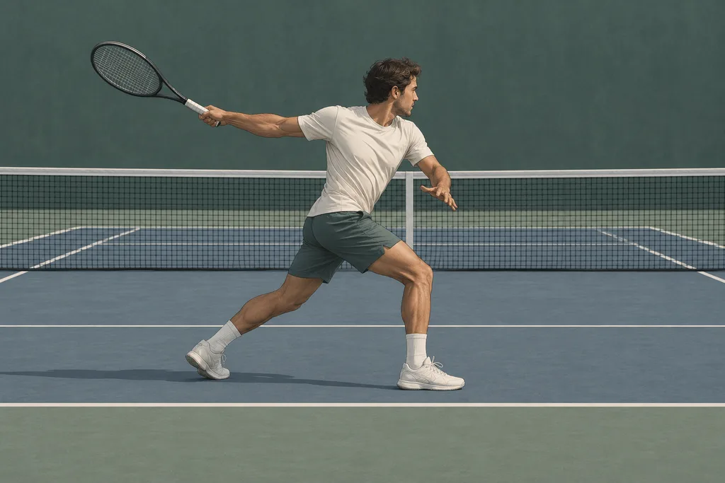 Joueur de tennis qui arme trop loin derrière lui lors d'une volée, vu de profil sur un court en dur.