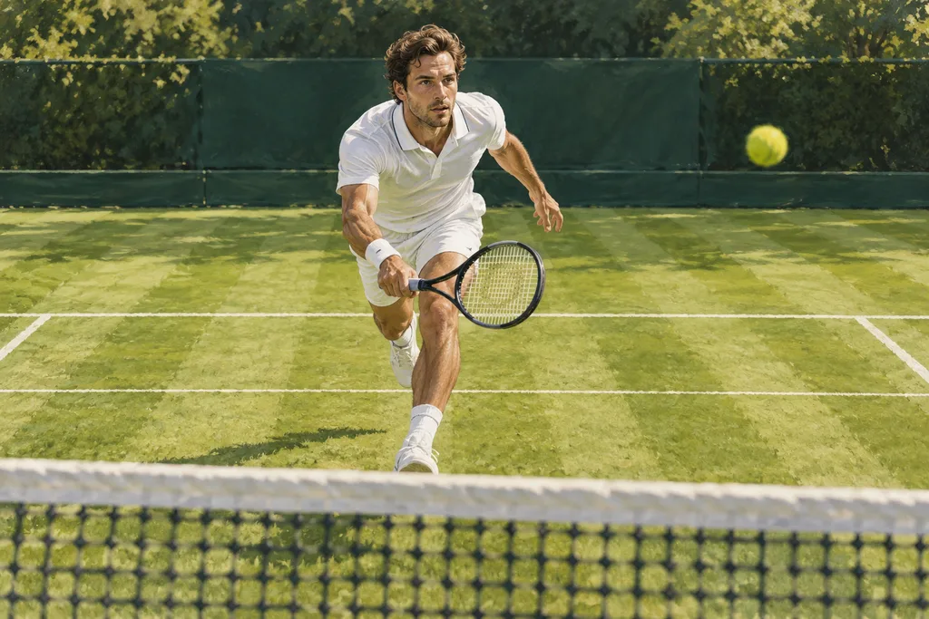 Joueur de tennis qui vient de servir et court vers le filet, raquette prête pour la première volée.