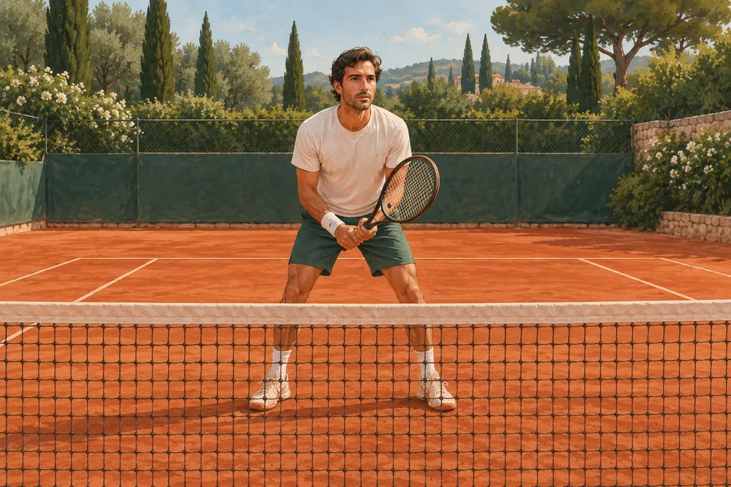Joueur de tennis de club en position d'attente près du filet, raquette devant lui, prêt à intercepter une balle.